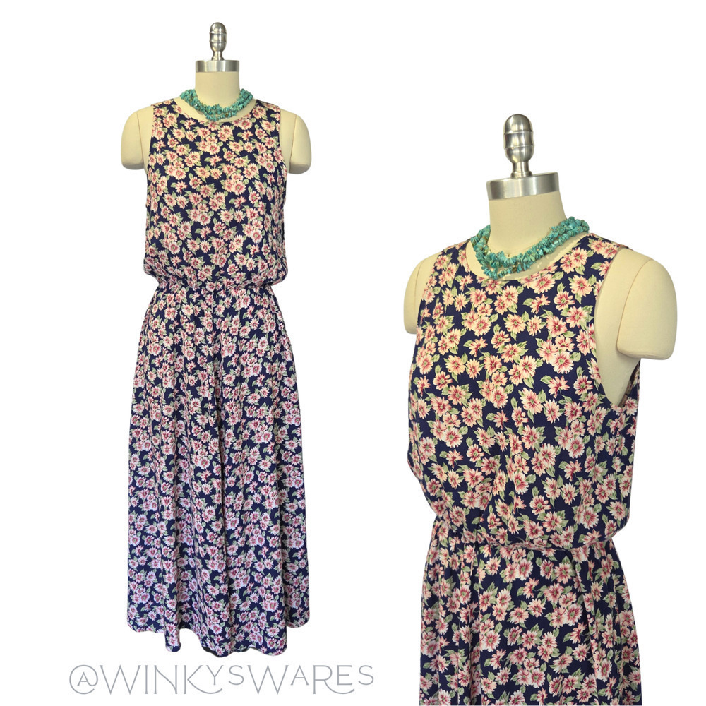 Vintage 90s My Michelle Floral Midi Dress Size M Navy Blue Sleeveless Whimsygoth